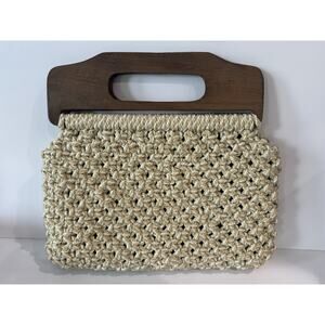Vintage Woven Macrame Jute Rope Bag Clutch Purse Wood Handle